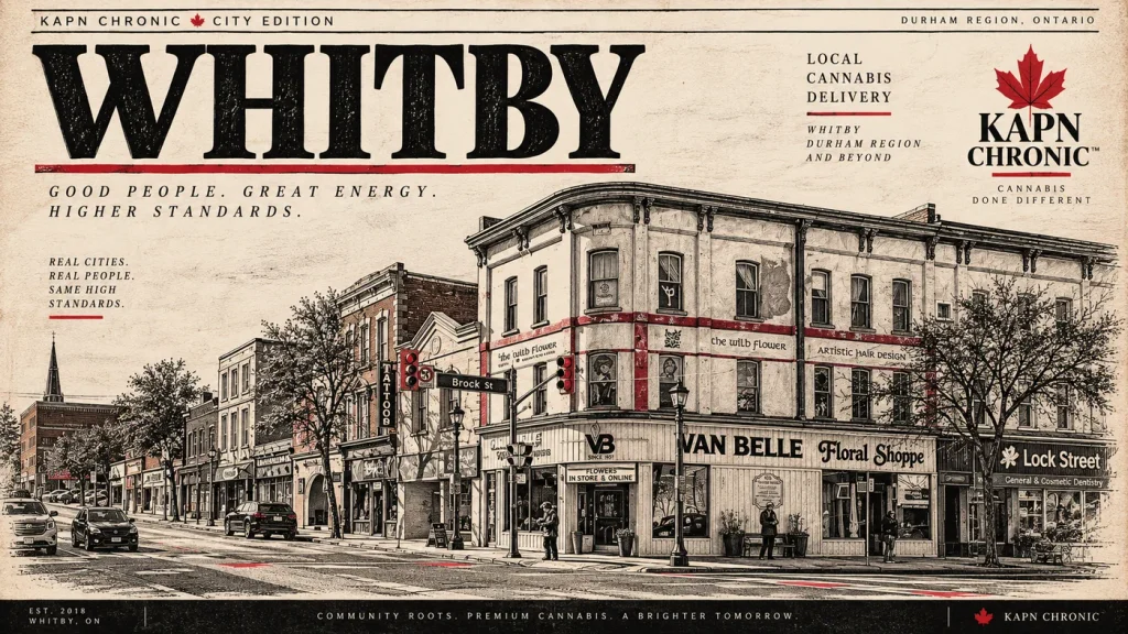 Whitby city-edition artwork showing historic downtown streets and buildings.